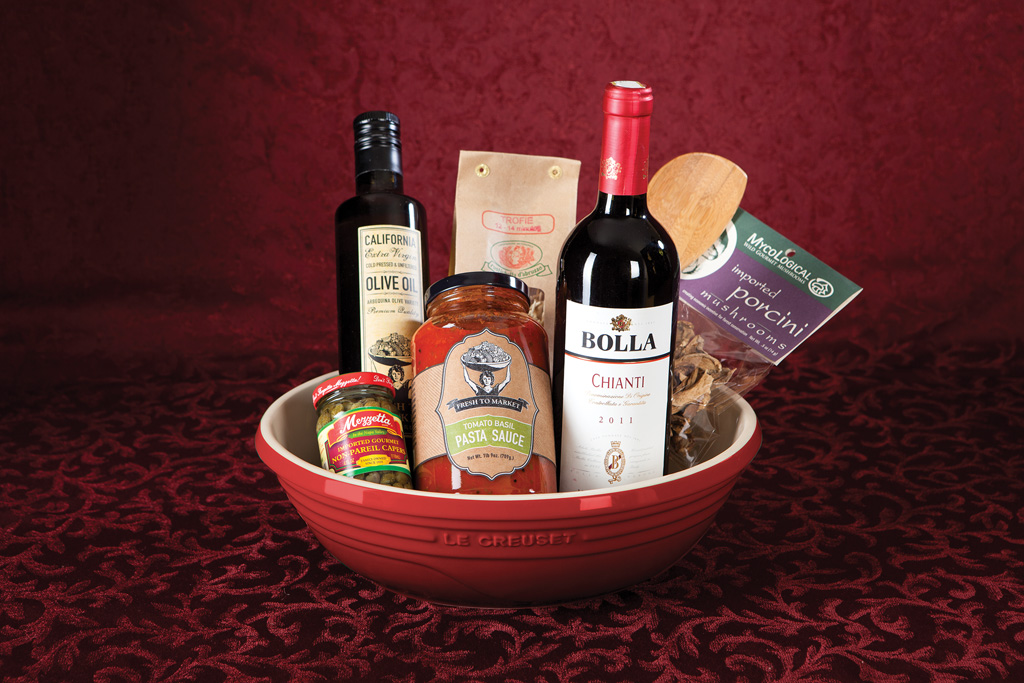 Pasta Gift Basket Our Pasta Basket comes with premium pasta, Fresh to Market Pasta Sauce, olives, olive oil and other accompaniments, all in a pretty Le Creuset mixing bowl.